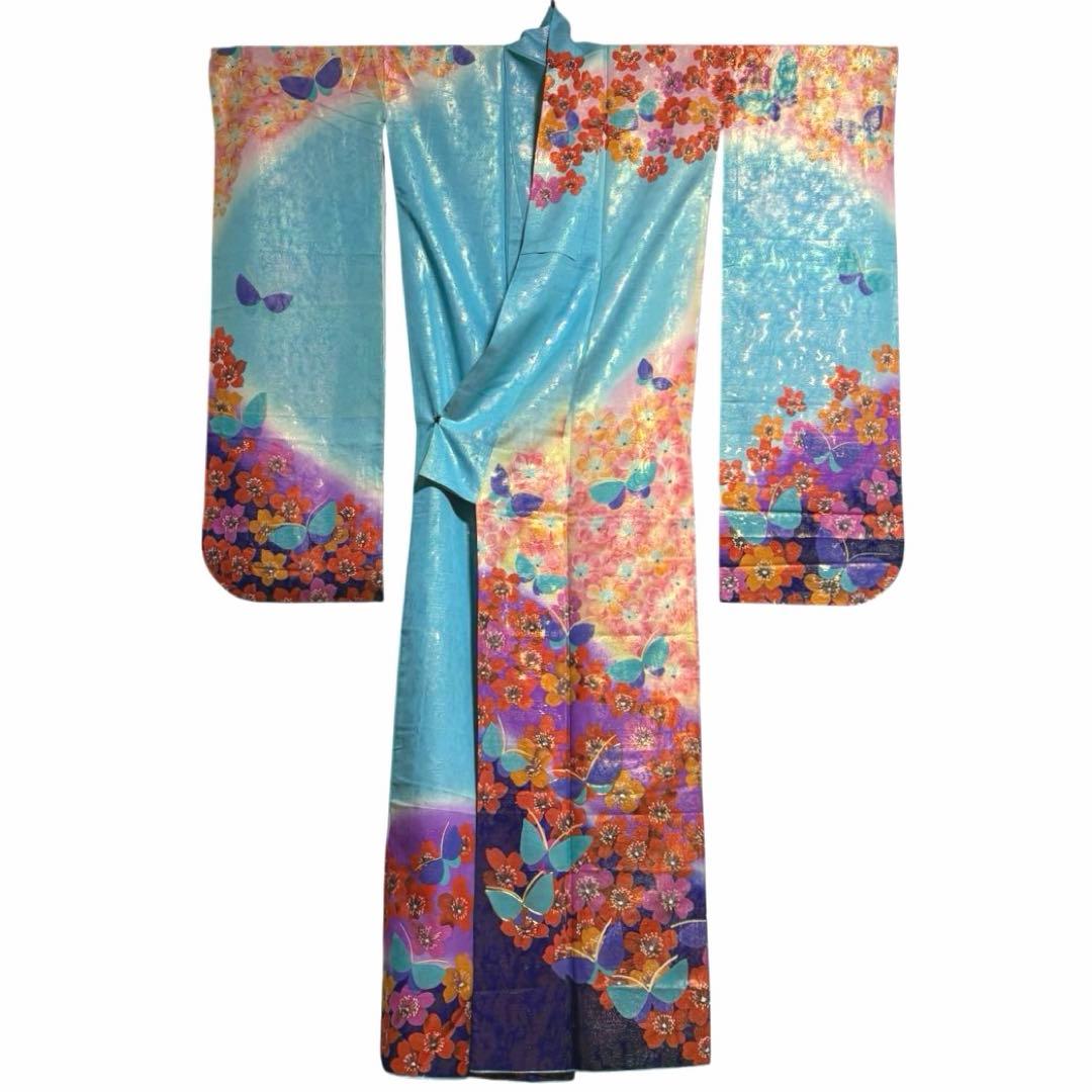 【舞台衣装】 引き振袖 オーロラ金属糸 金駒刺繍 袷 広衿 身丈約184cm