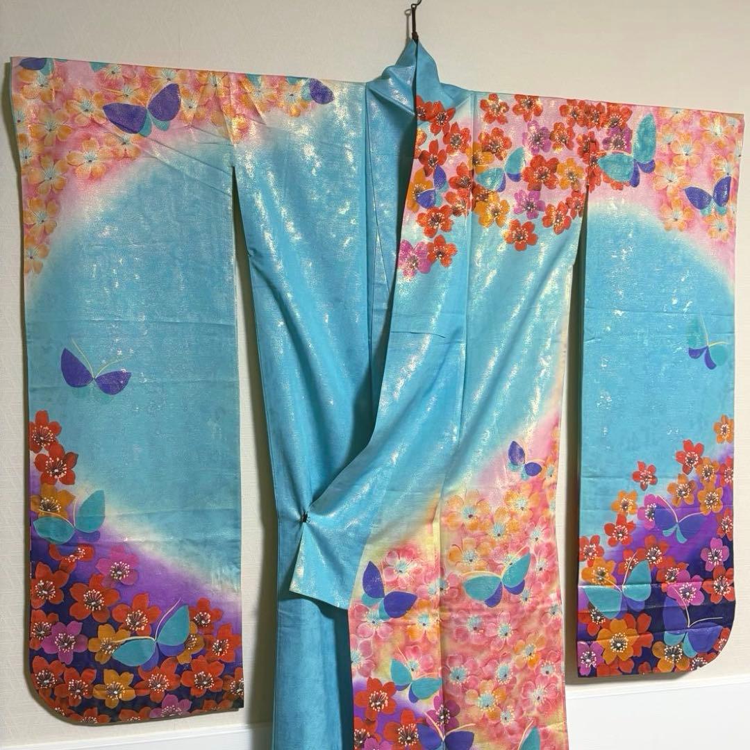 【舞台衣装】 引き振袖 オーロラ金属糸 金駒刺繍 袷 広衿 身丈約184cm