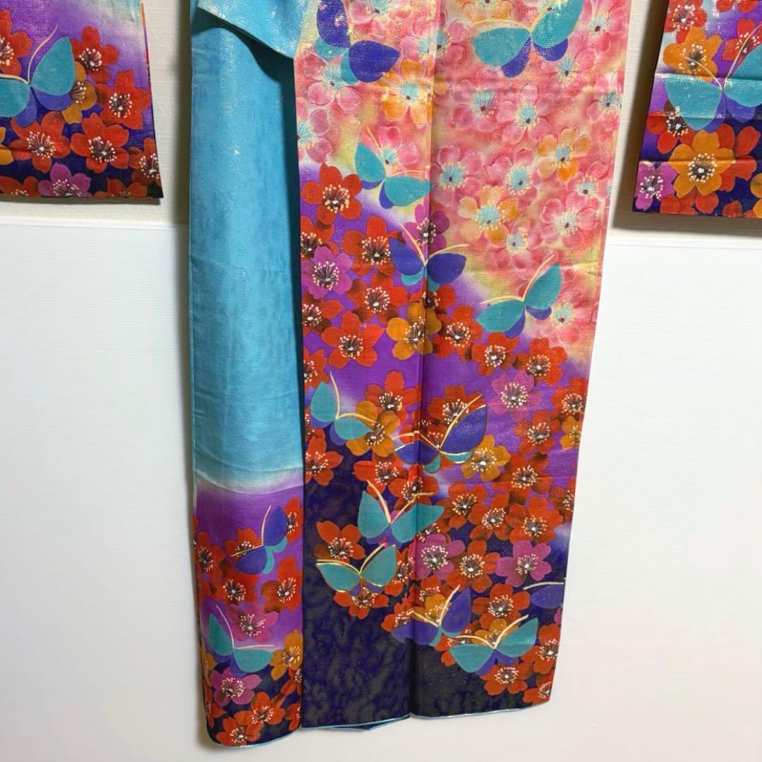 【舞台衣装】 引き振袖 オーロラ金属糸 金駒刺繍 袷 広衿 身丈約184cm