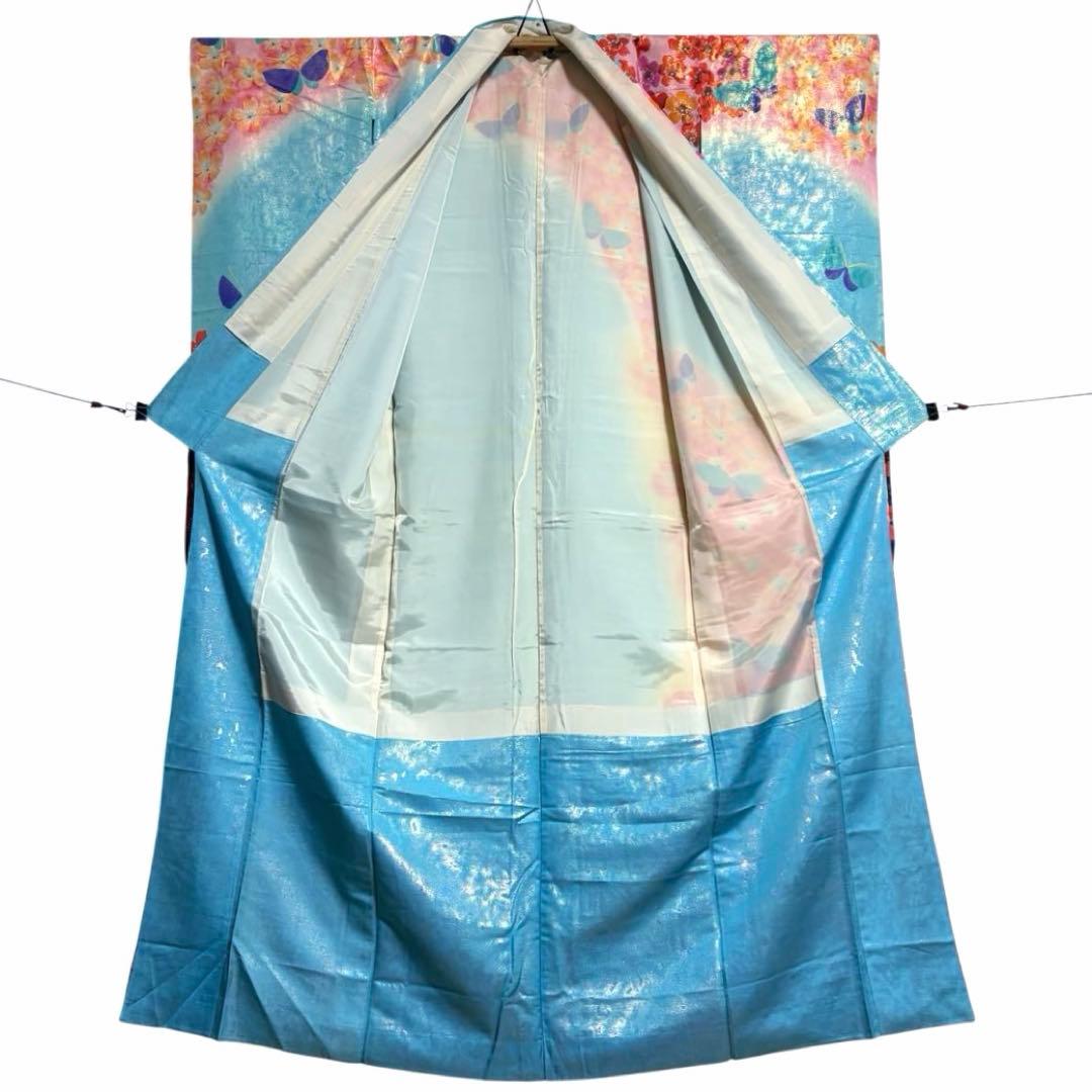 【舞台衣装】 引き振袖 オーロラ金属糸 金駒刺繍 袷 広衿 身丈約184cm