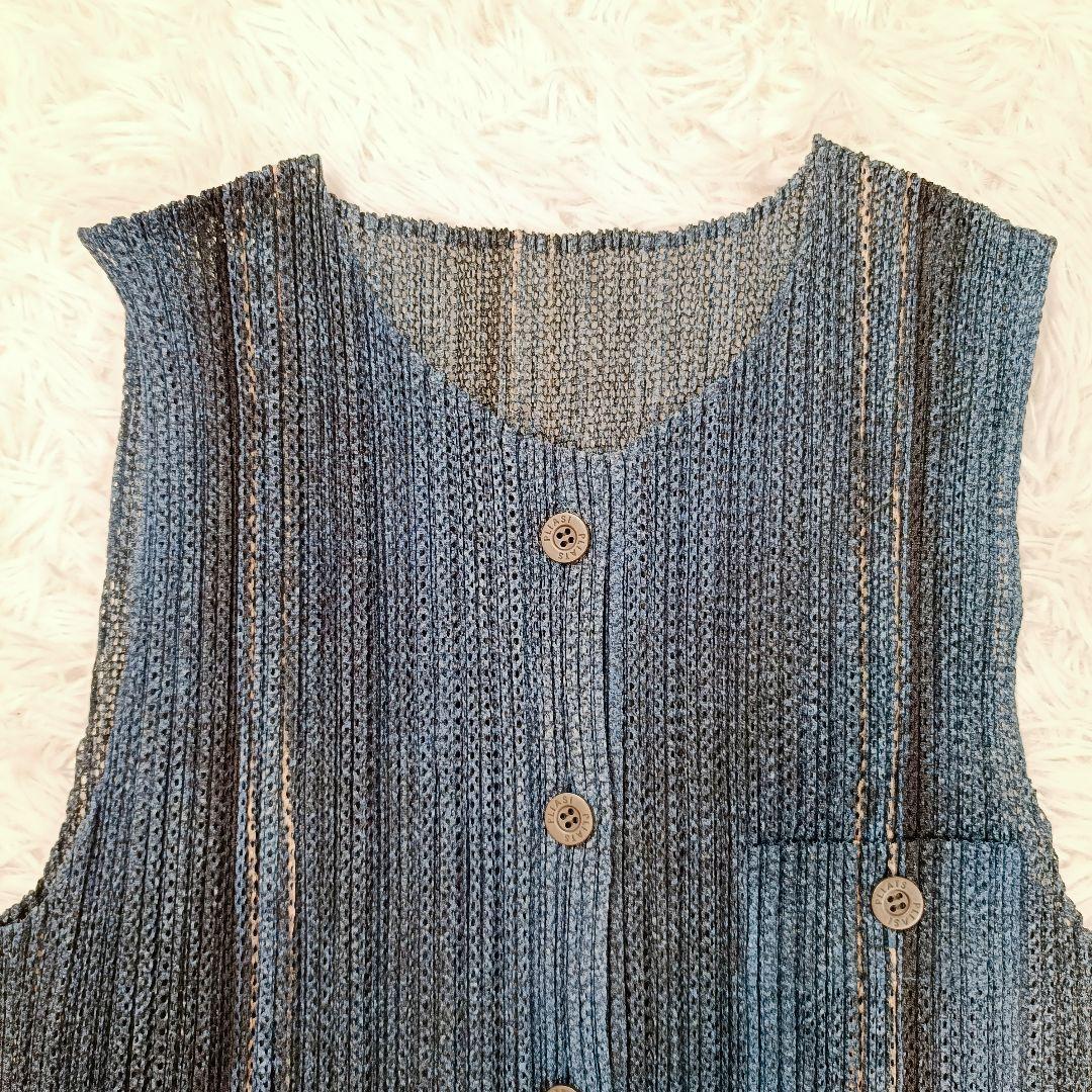 プリーツプリーズ イッセイミヤケ ジレ ベスト シャツ デニム 転写 ネイビー