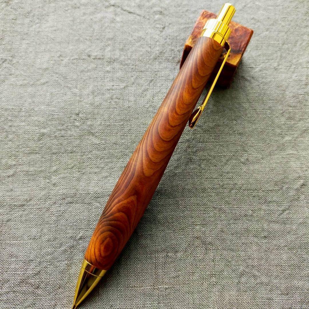 屋久杉　光明杢　ハンドメイド　木軸シャープペン　0.5mm　天然木　ゴールド