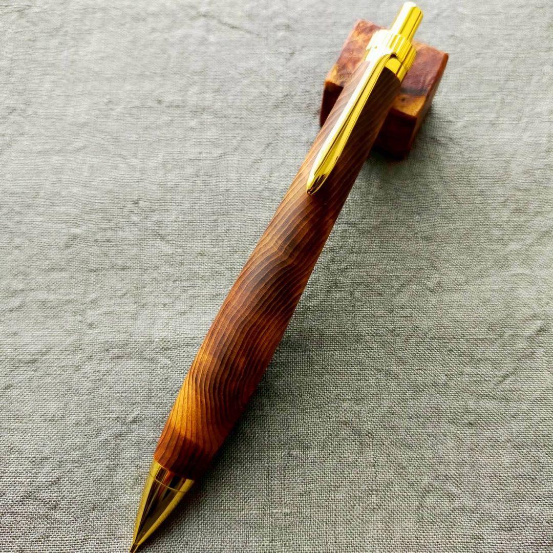 屋久杉　光明杢　ハンドメイド　木軸シャープペン　0.5mm　天然木　ゴールド