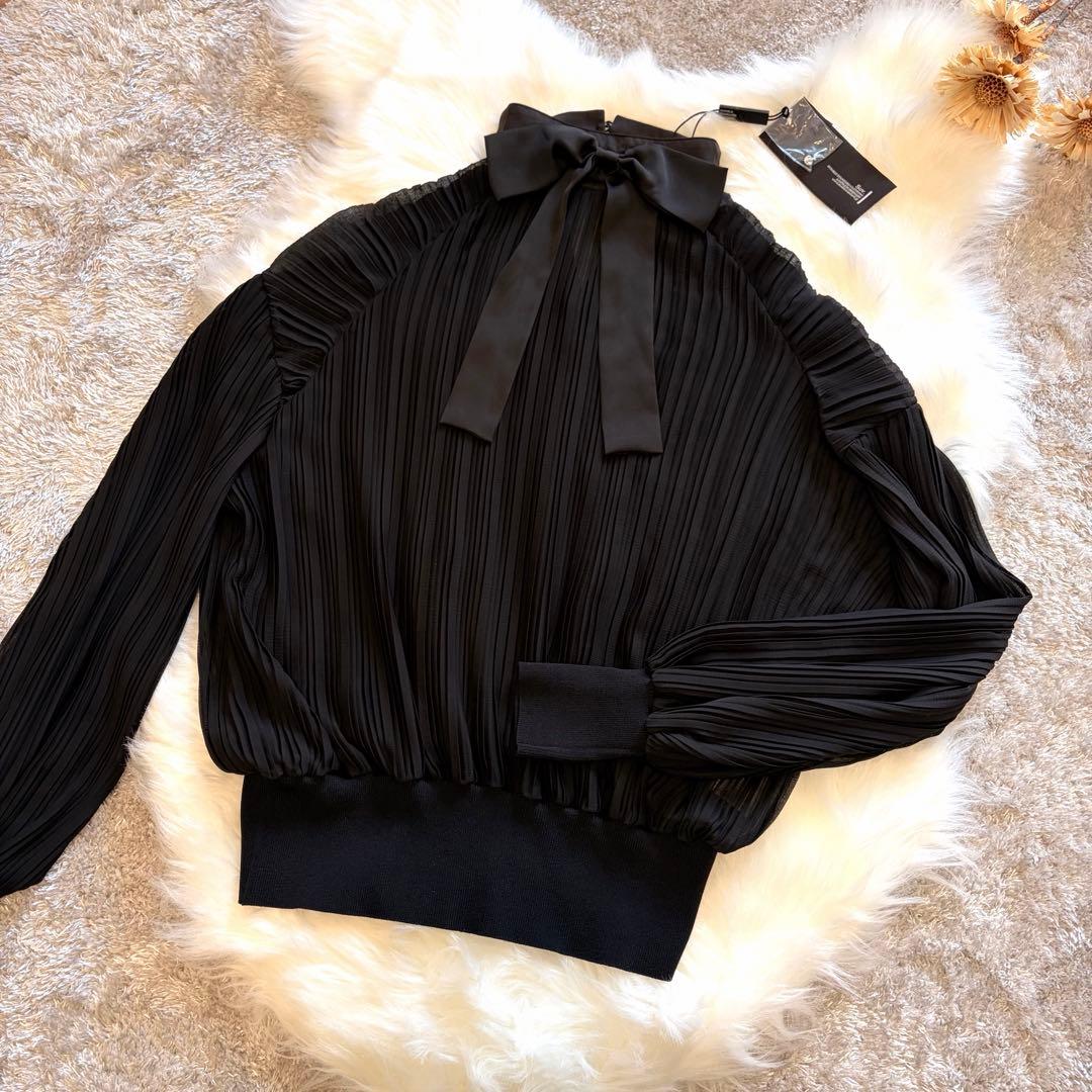 【タグ付き】Sov. プリーツ長袖ブラウス リボン付き ブラック シフォン