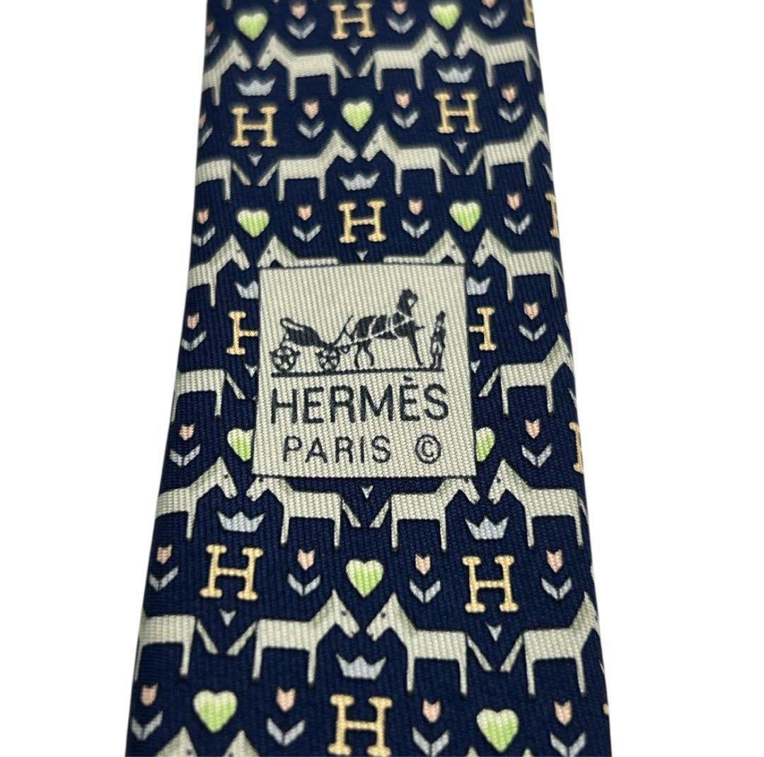 エルメス ネクタイ H柄 ハート クラウン 総柄 ネイビー シルク フランス製
