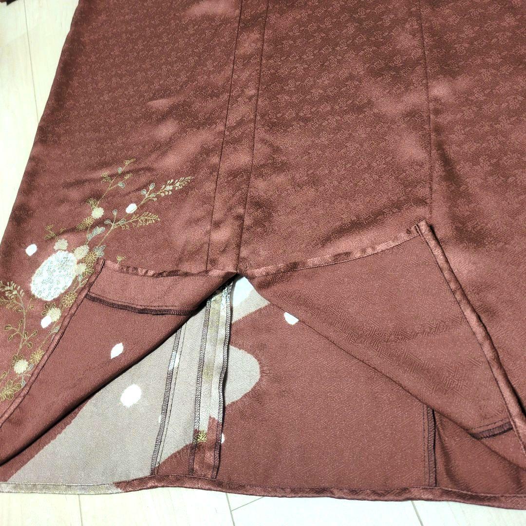 コ*ロ様 正絹 蘇芳香 流線 絞りと草花 着物リメイクV開きワンピ*