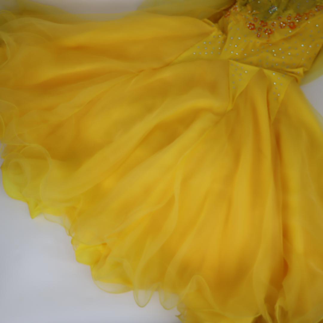 【美品 社交ダンス衣装】豪華ラインストーン×イエロー ドレス チョーカー