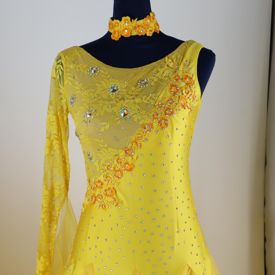 【美品 社交ダンス衣装】豪華ラインストーン×イエロー ドレス チョーカー
