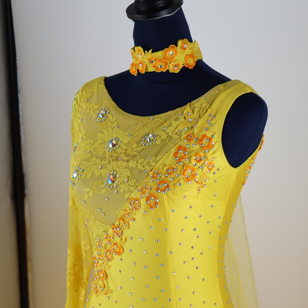 【美品 社交ダンス衣装】豪華ラインストーン×イエロー ドレス チョーカー