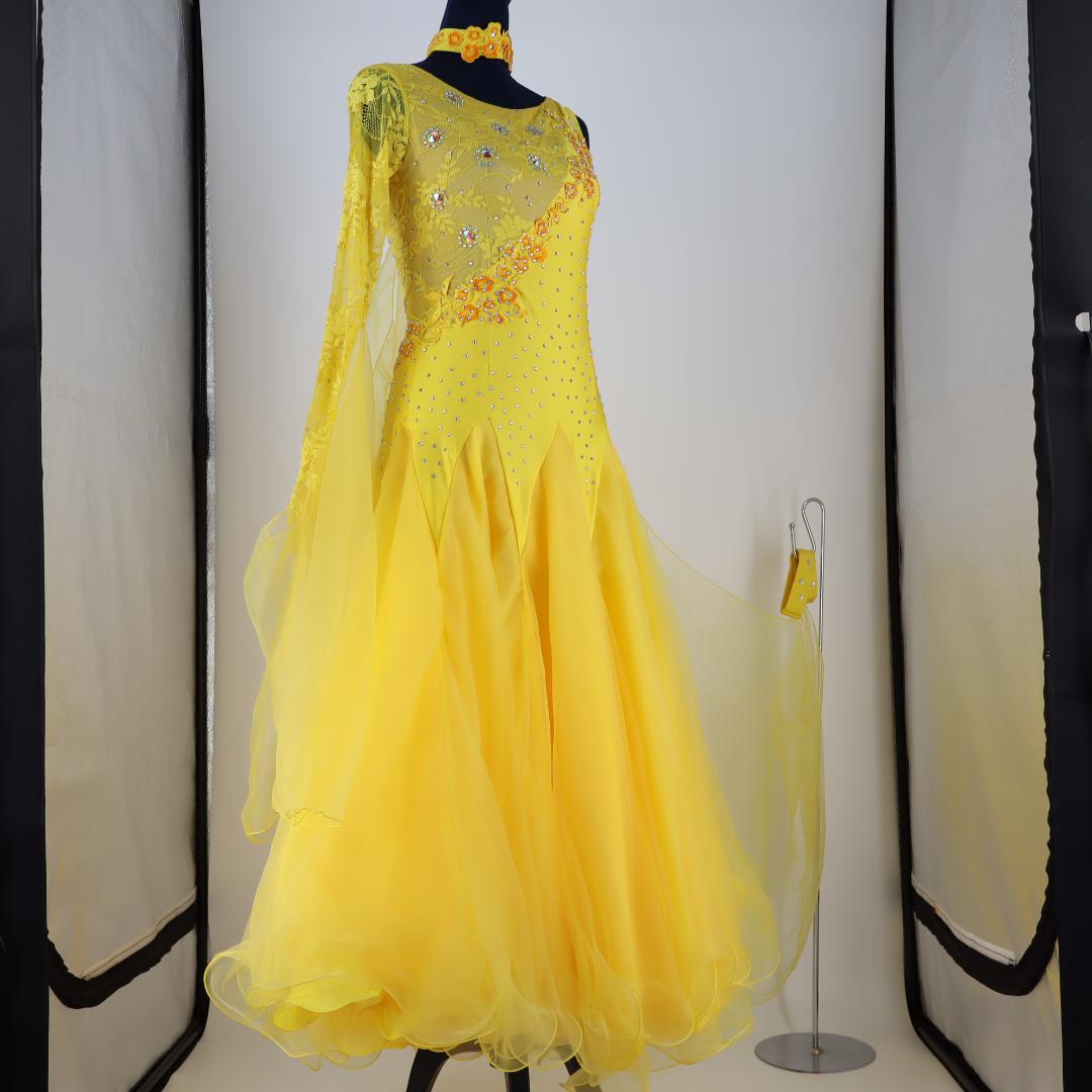 【美品 社交ダンス衣装】豪華ラインストーン×イエロー ドレス チョーカー