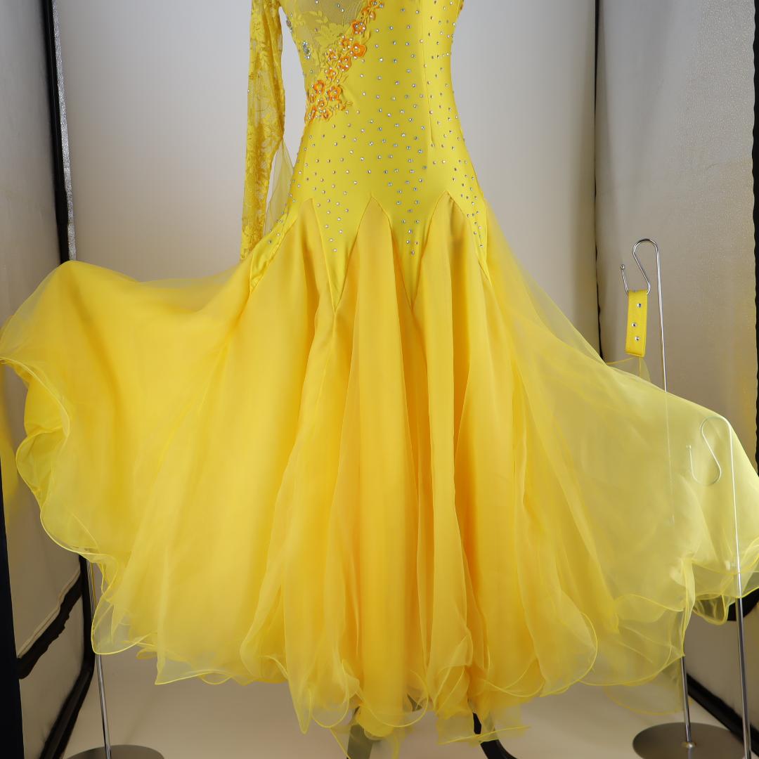 【美品 社交ダンス衣装】豪華ラインストーン×イエロー ドレス チョーカー