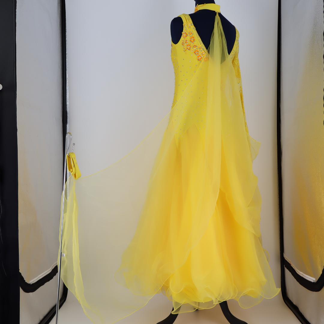 【美品 社交ダンス衣装】豪華ラインストーン×イエロー ドレス チョーカー