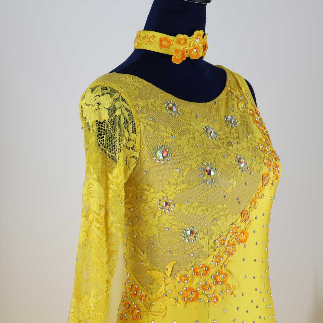 【美品 社交ダンス衣装】豪華ラインストーン×イエロー ドレス チョーカー