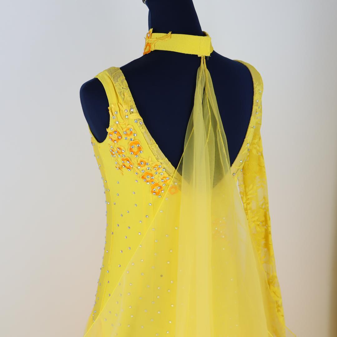 【美品 社交ダンス衣装】豪華ラインストーン×イエロー ドレス チョーカー
