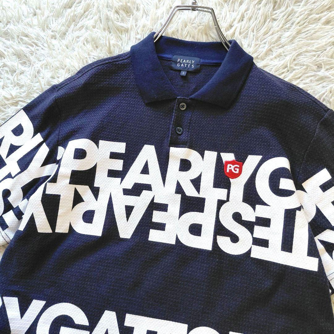 極美品 5 パーリーゲイツ ポロシャツ ゴルフウェア 刺繍ロゴ ネイビーホワイト