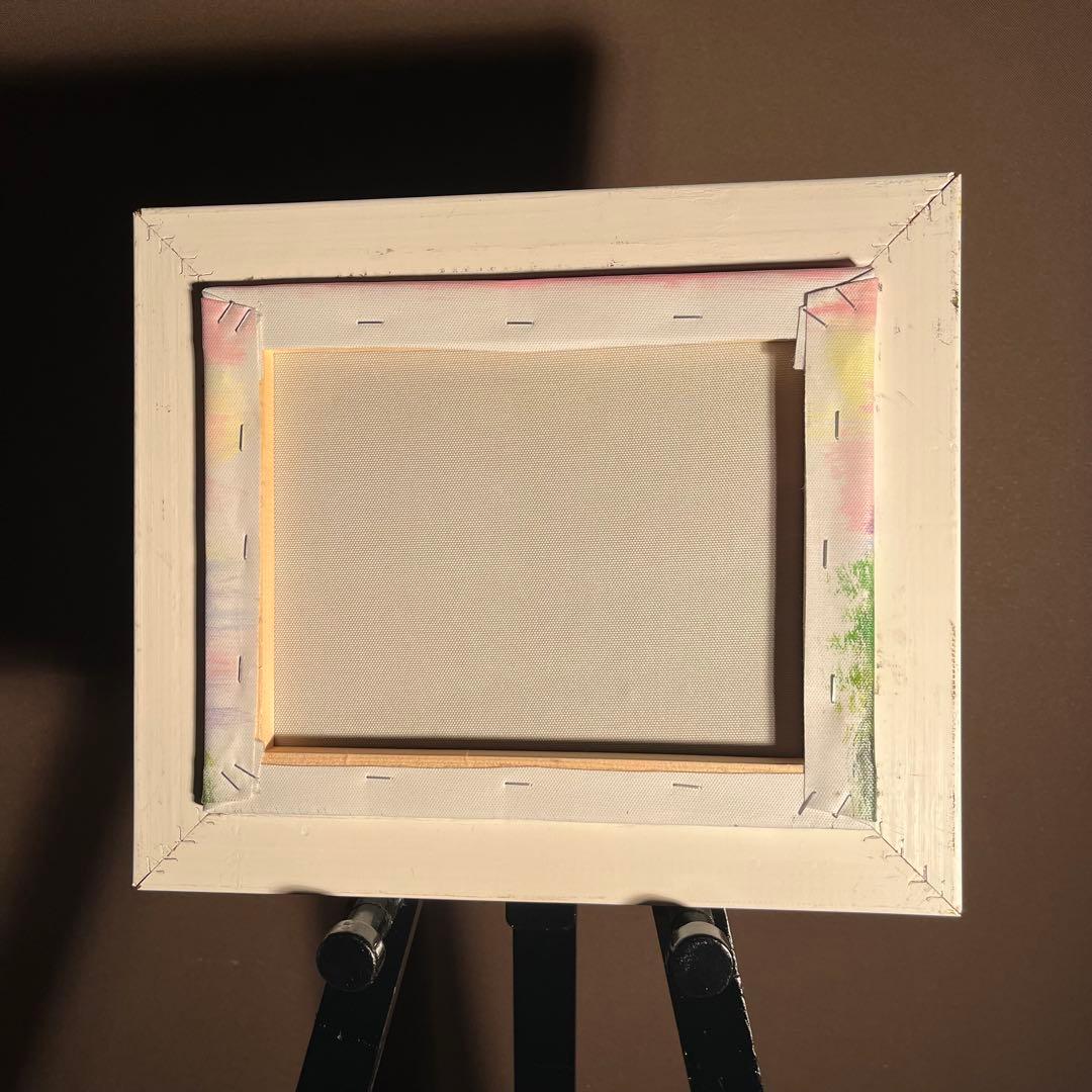 手書き油絵 湖と渡り鳥 額付 絵画 インテリア 油彩画