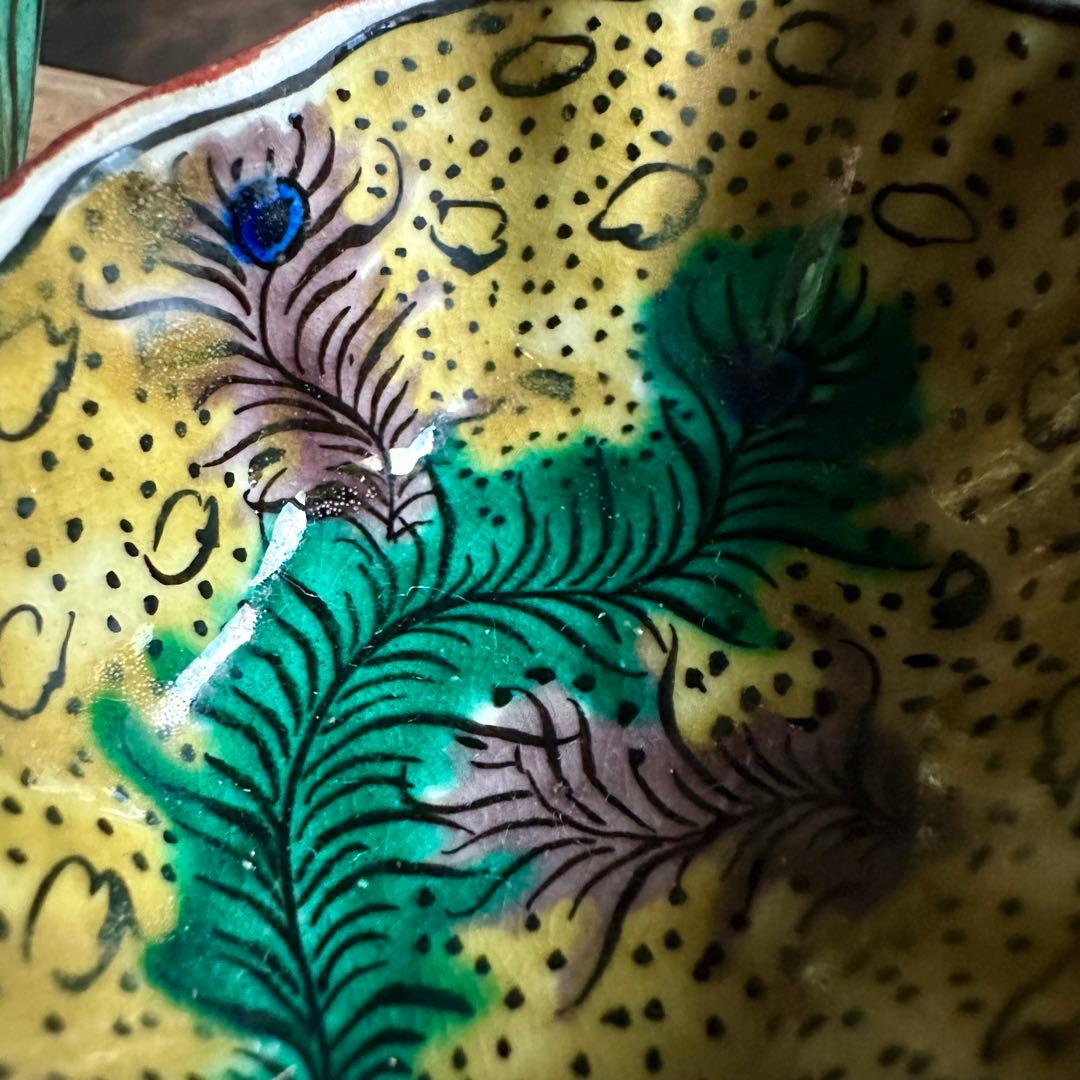 【希少】　古九谷　吉田屋窯　孔雀の羽　角福　豆鉢　五客　小皿　豆皿　再興九谷