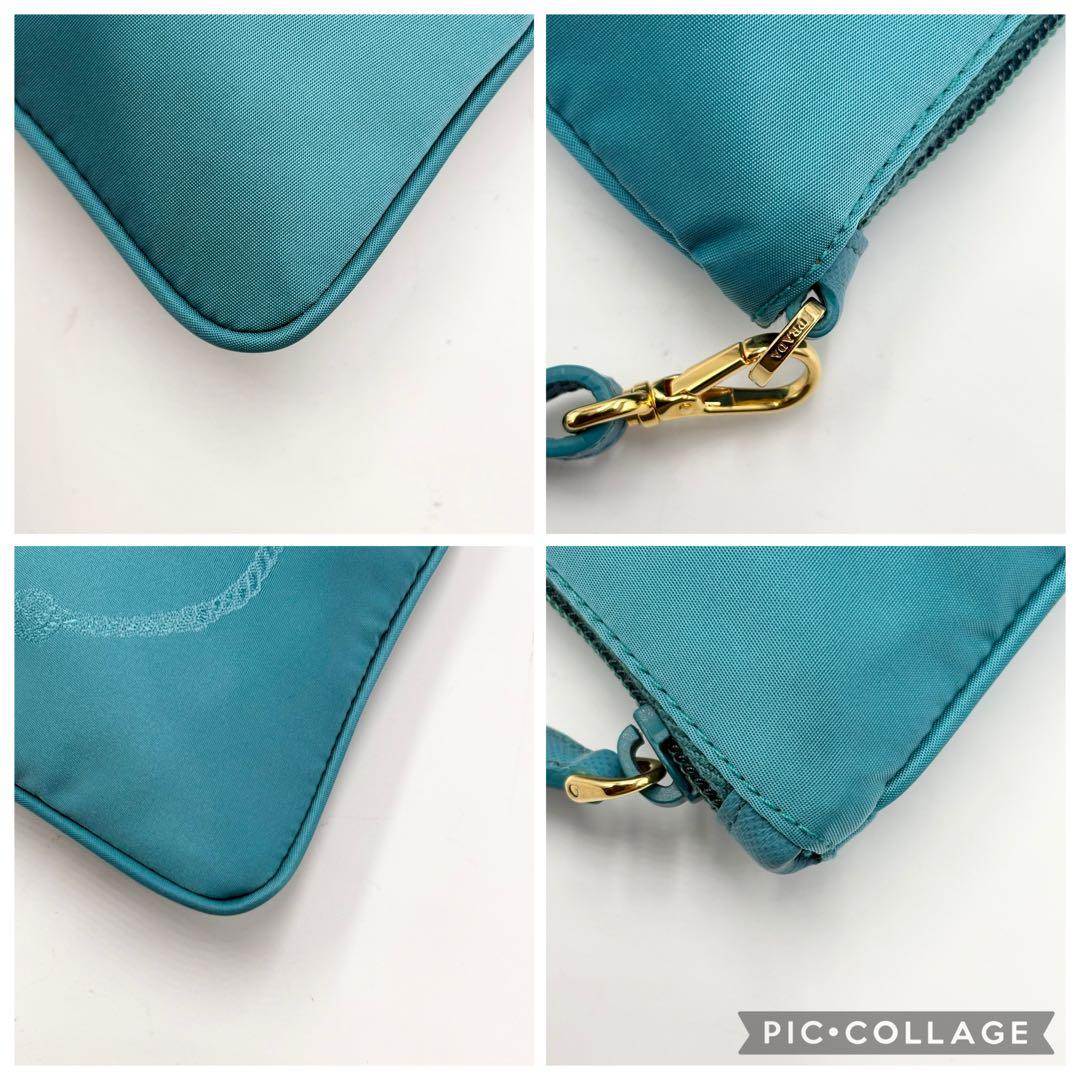 PRADA ポーチ ナイロン ターコイズブルー ロゴ ジャガード ゴールド金具