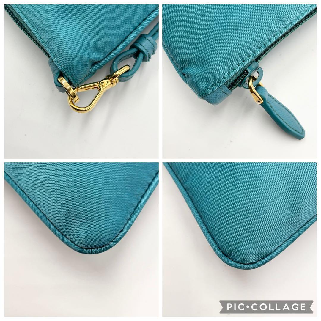 PRADA ポーチ ナイロン ターコイズブルー ロゴ ジャガード ゴールド金具