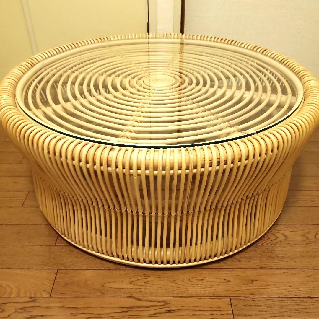KANADEMONO ラタン 円形ローテーブル サイドテーブル ガラス板付き