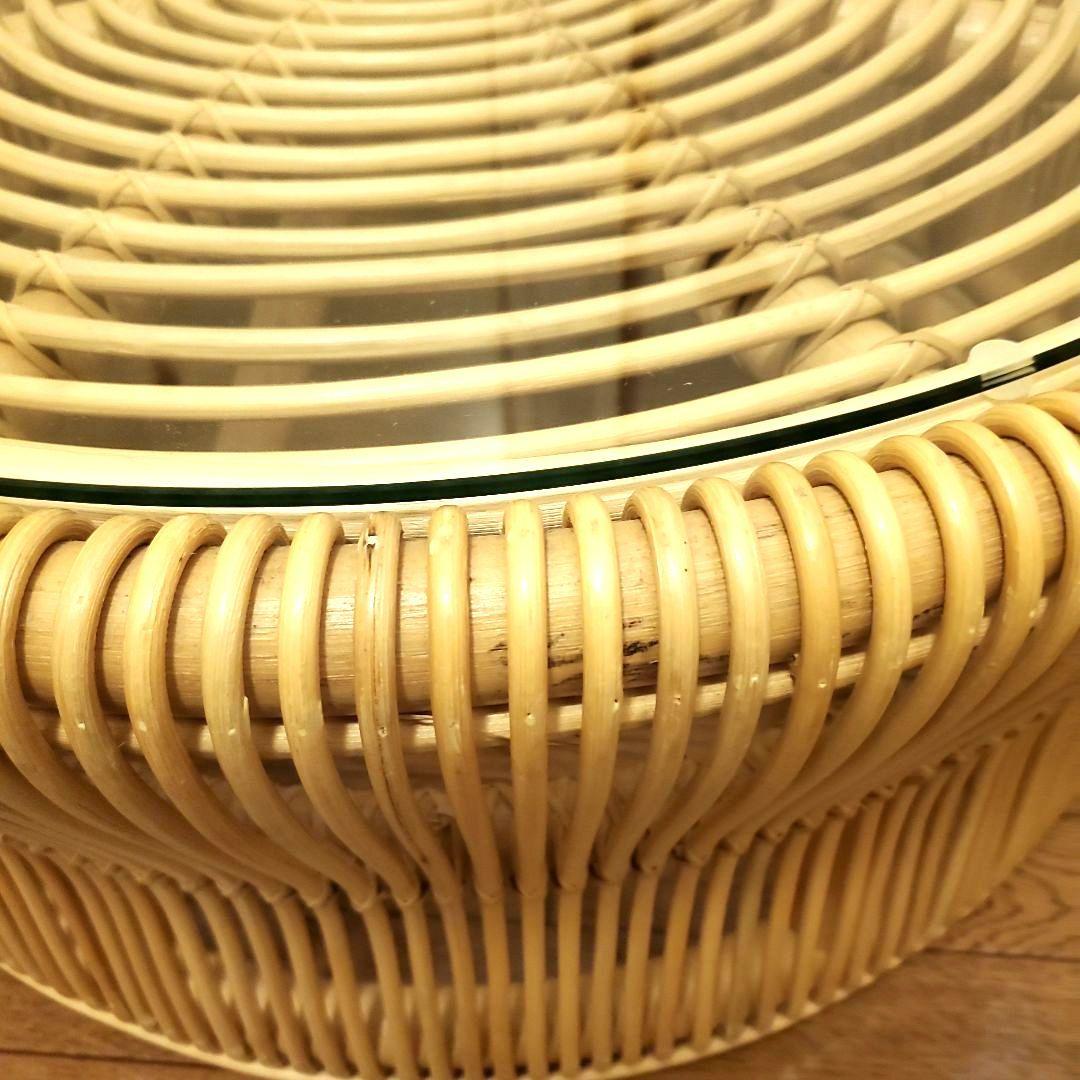 KANADEMONO ラタン 円形ローテーブル サイドテーブル ガラス板付き