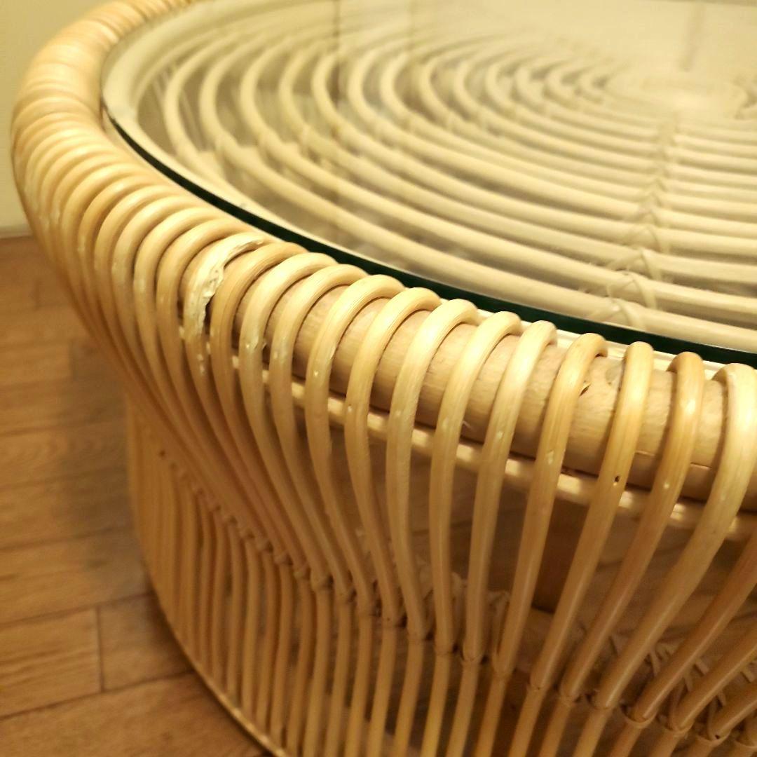 KANADEMONO ラタン 円形ローテーブル サイドテーブル ガラス板付き