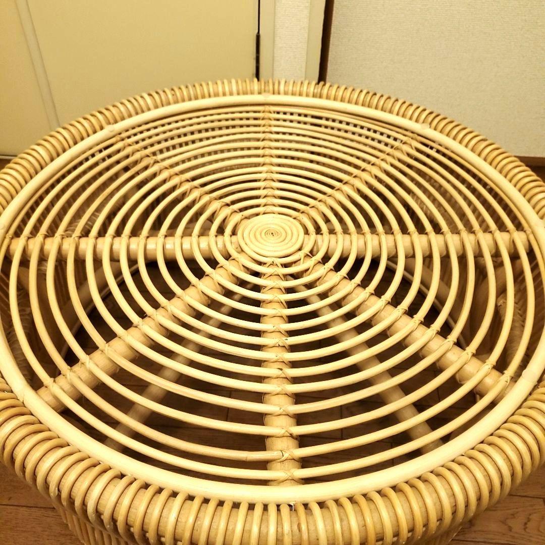 KANADEMONO ラタン 円形ローテーブル サイドテーブル ガラス板付き