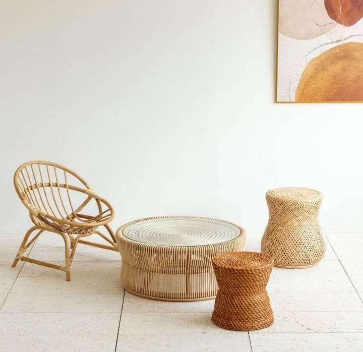 KANADEMONO ラタン 円形ローテーブル サイドテーブル ガラス板付き