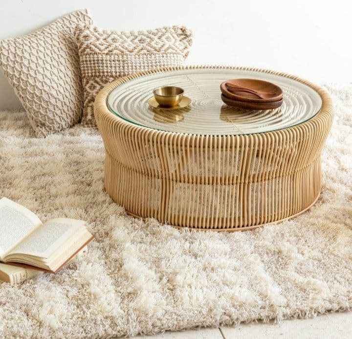 KANADEMONO ラタン 円形ローテーブル サイドテーブル ガラス板付き