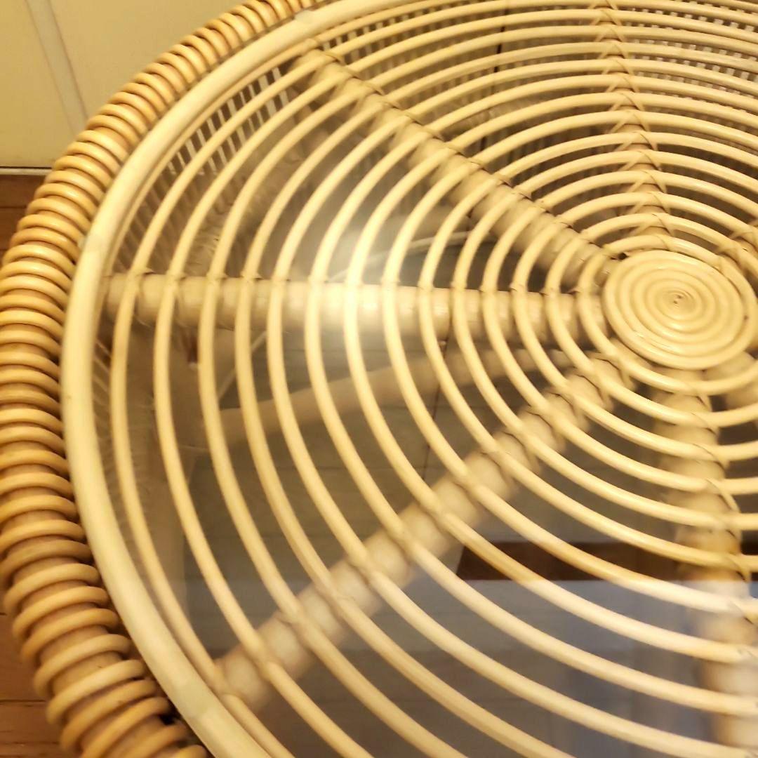 KANADEMONO ラタン 円形ローテーブル サイドテーブル ガラス板付き