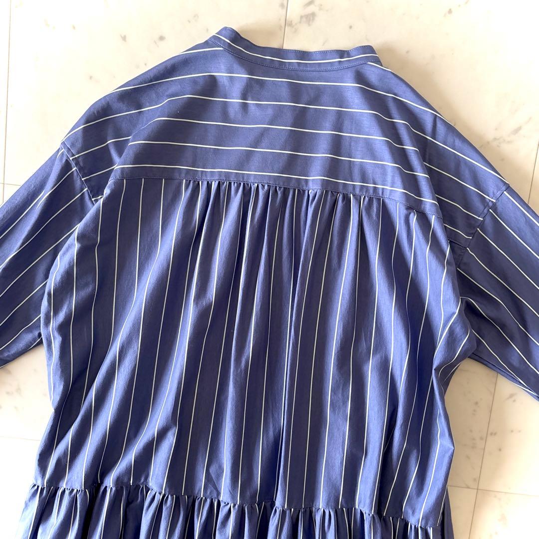 極美品 ダーマコレクション ストライプ シャツワンピース 洗える ブルー L相当