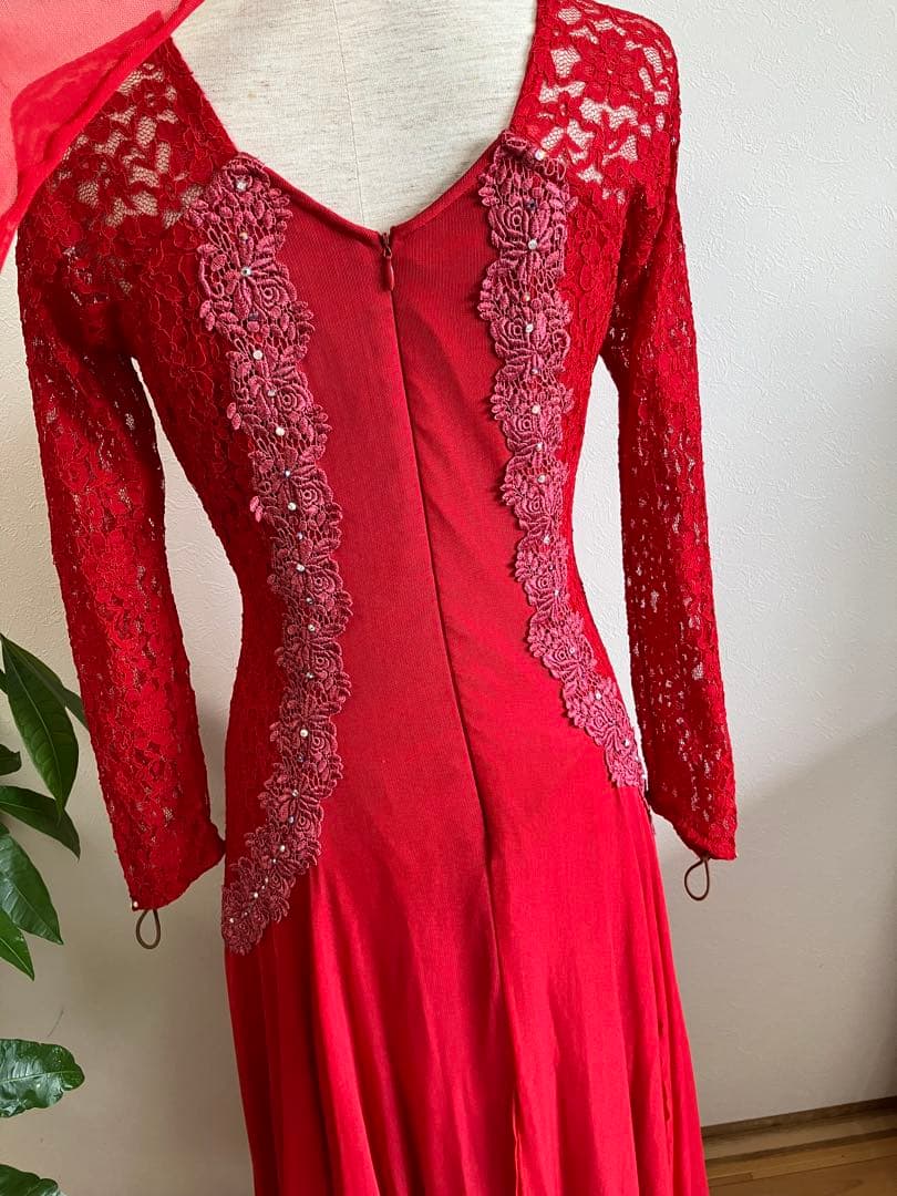 社交ダンスドレス　赤いロングドレス　レッスンウェア　ミニデモ　パティー　S〜M