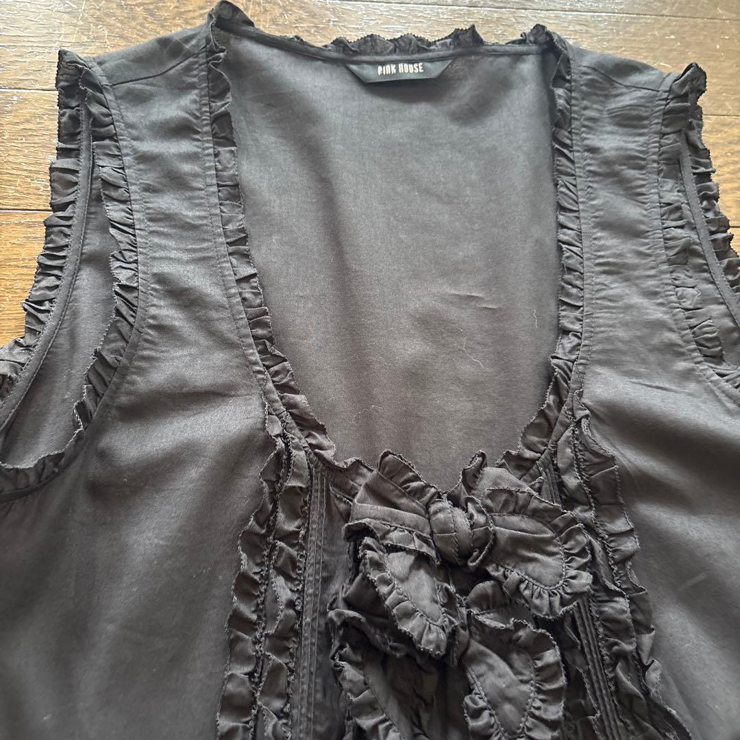 ピンクハウスワンピースタブリエ フリル付き黒ノースリーブロングワンピース