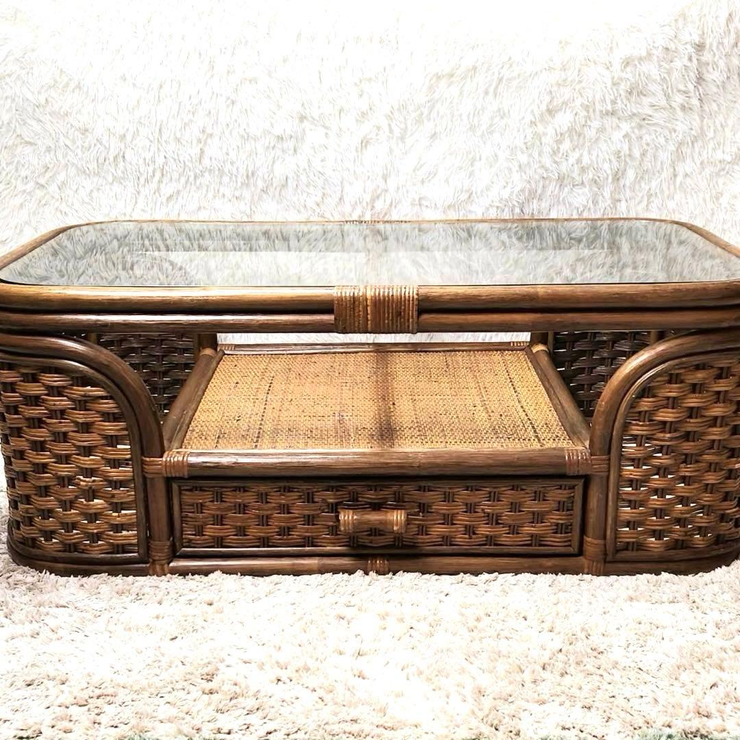 昭和レトロ 籐家具 ラタンセンターテーブル ビンテージ ガラステーブル　引き出し