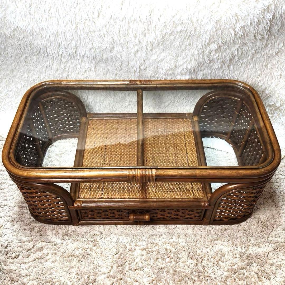 昭和レトロ 籐家具 ラタンセンターテーブル ビンテージ ガラステーブル　引き出し
