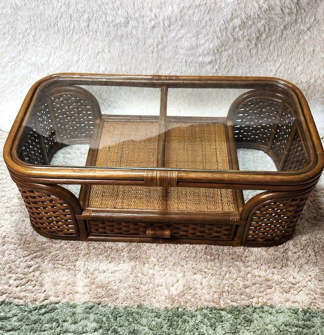 昭和レトロ 籐家具 ラタンセンターテーブル ビンテージ ガラステーブル　引き出し