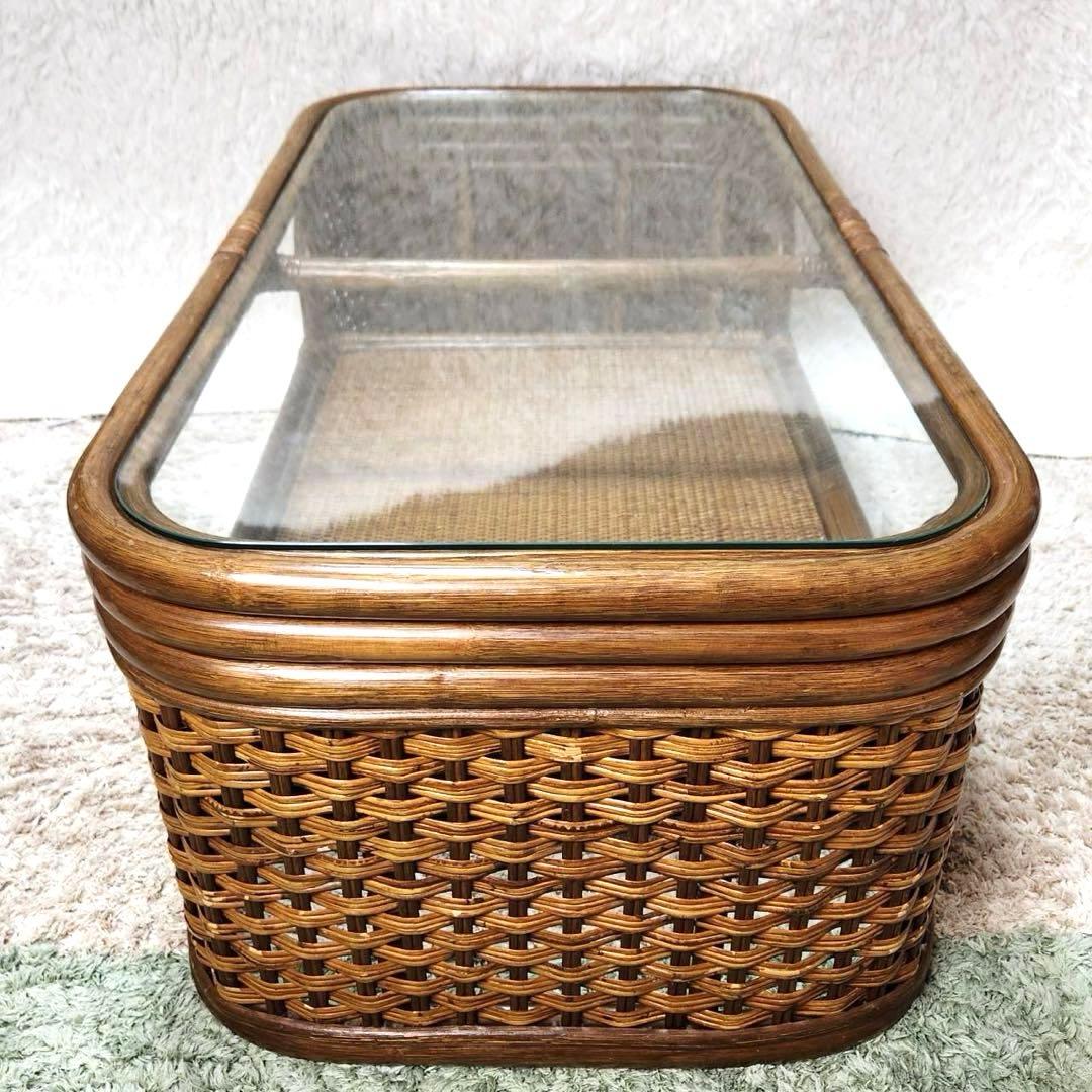 昭和レトロ 籐家具 ラタンセンターテーブル ビンテージ ガラステーブル　引き出し