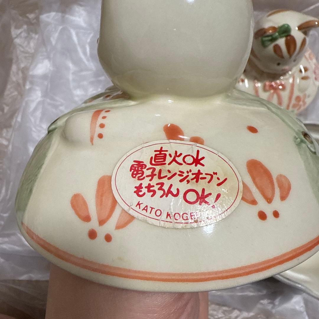 【KATO KOGEI】 加藤工芸 うさぎ 猫 蓋付き土鍋 昭和/平成レトロ