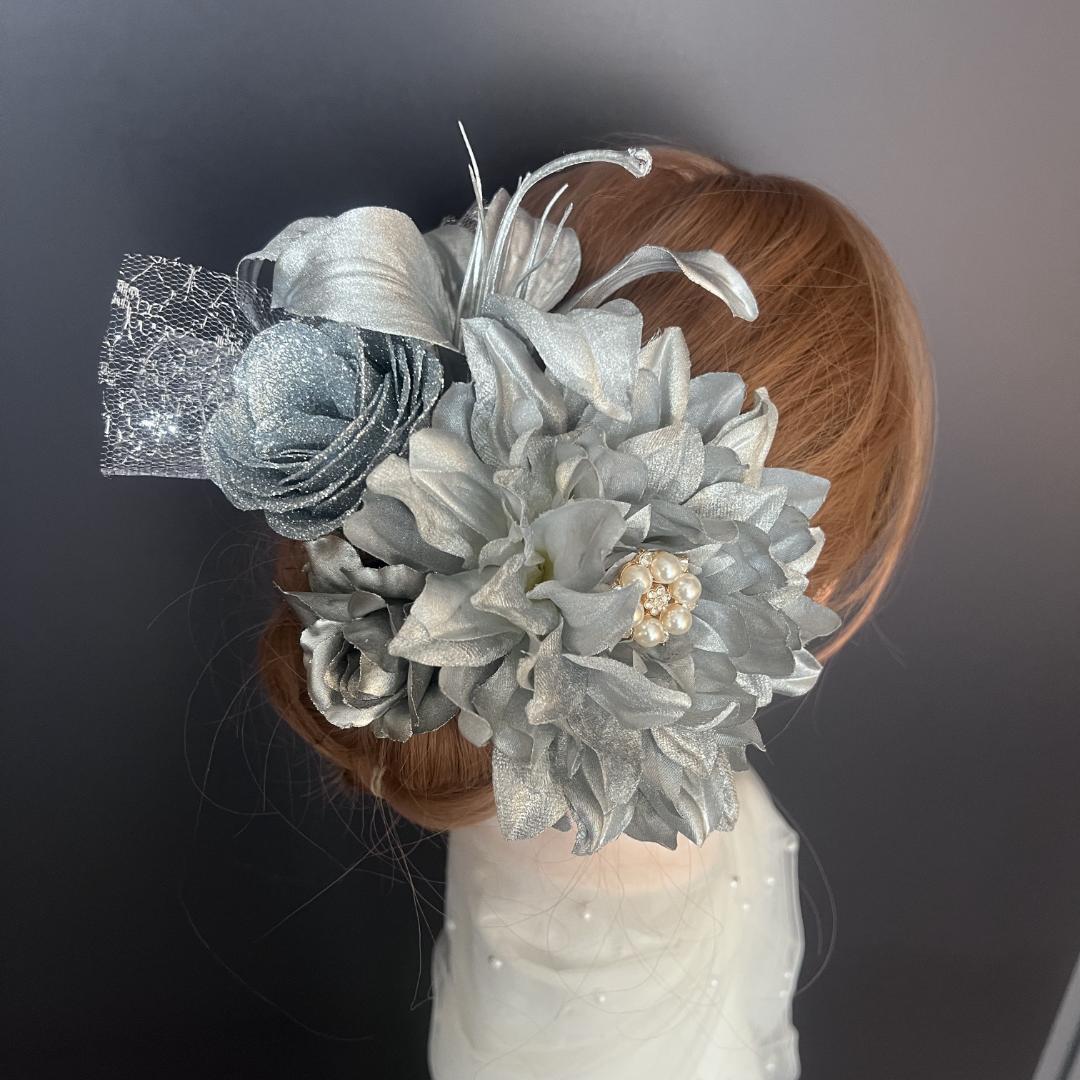 ha212 髪飾り 結婚式　卒業式　成人式 着物　振袖　キラキラバラ　シルバー