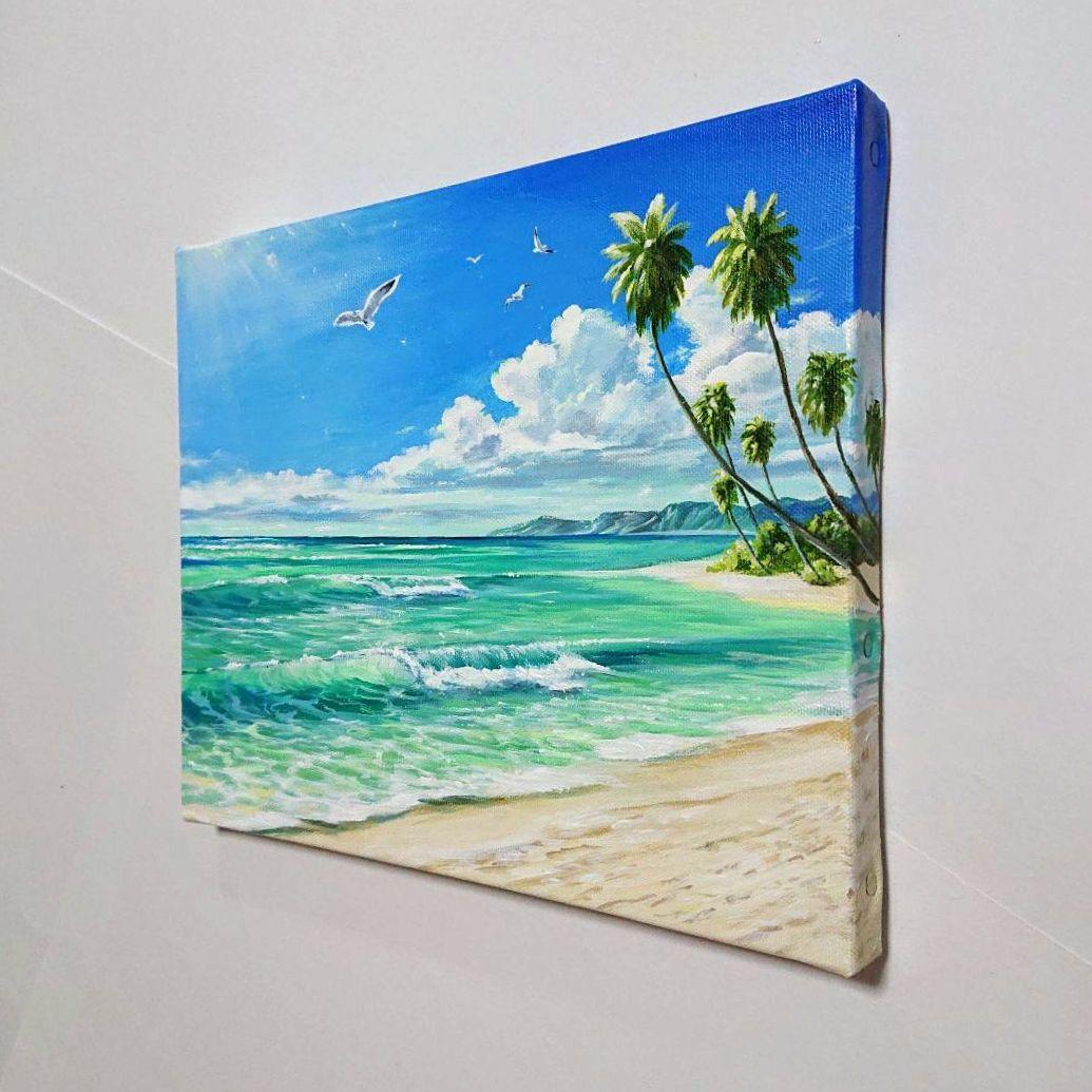 【エメラルドグリーンの海】アクリル画 F3 風景画 絵画