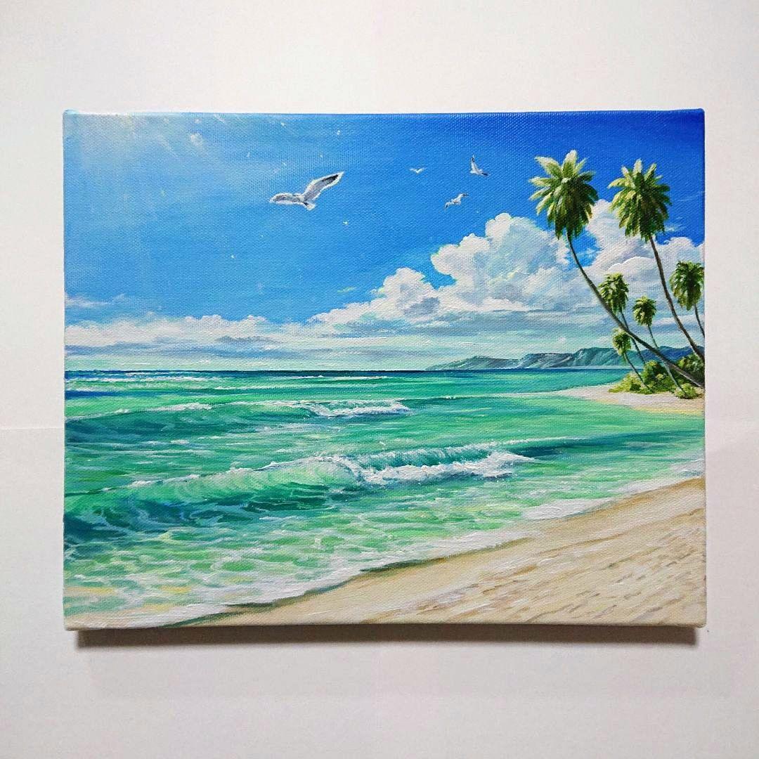 【エメラルドグリーンの海】アクリル画 F3 風景画 絵画