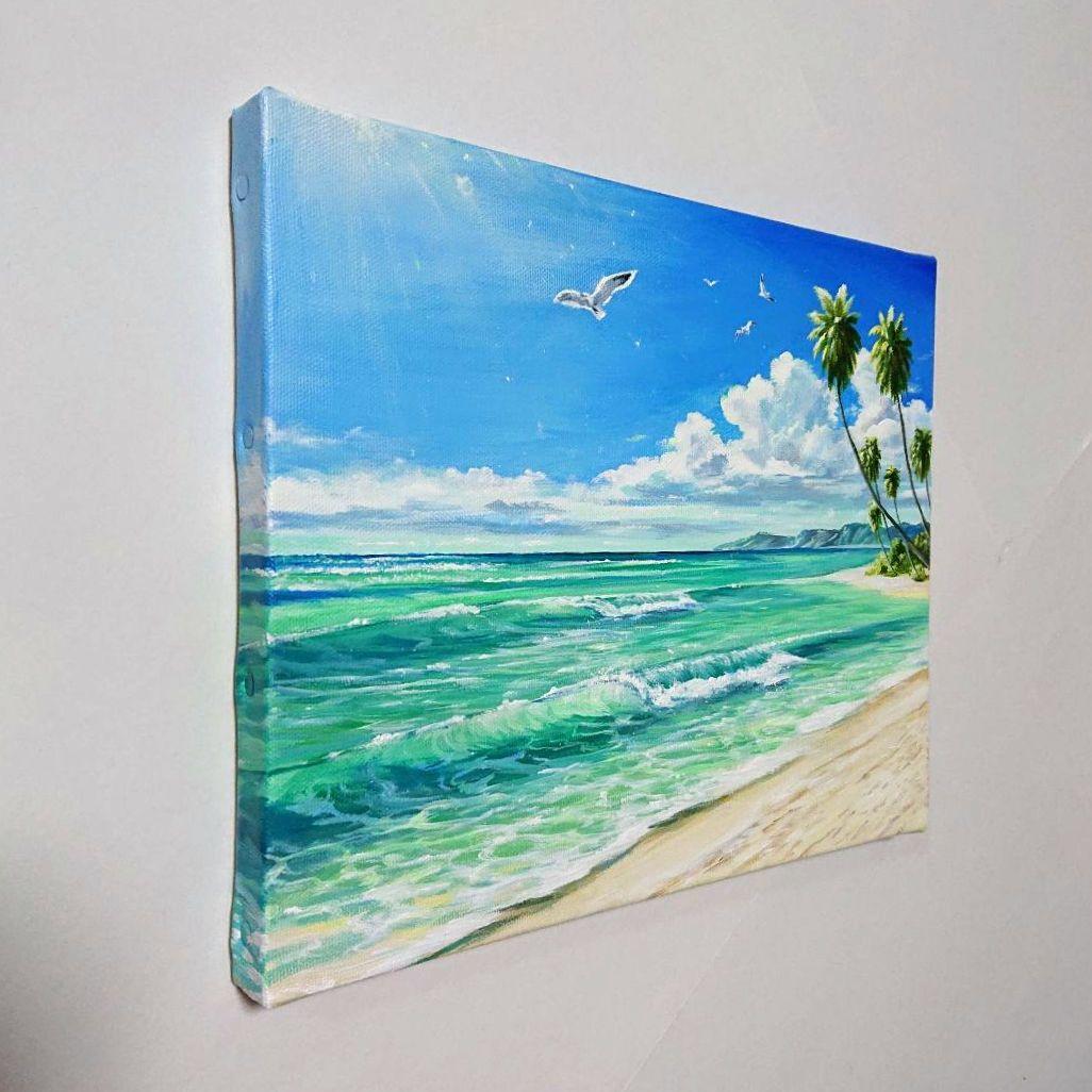 【エメラルドグリーンの海】アクリル画 F3 風景画 絵画