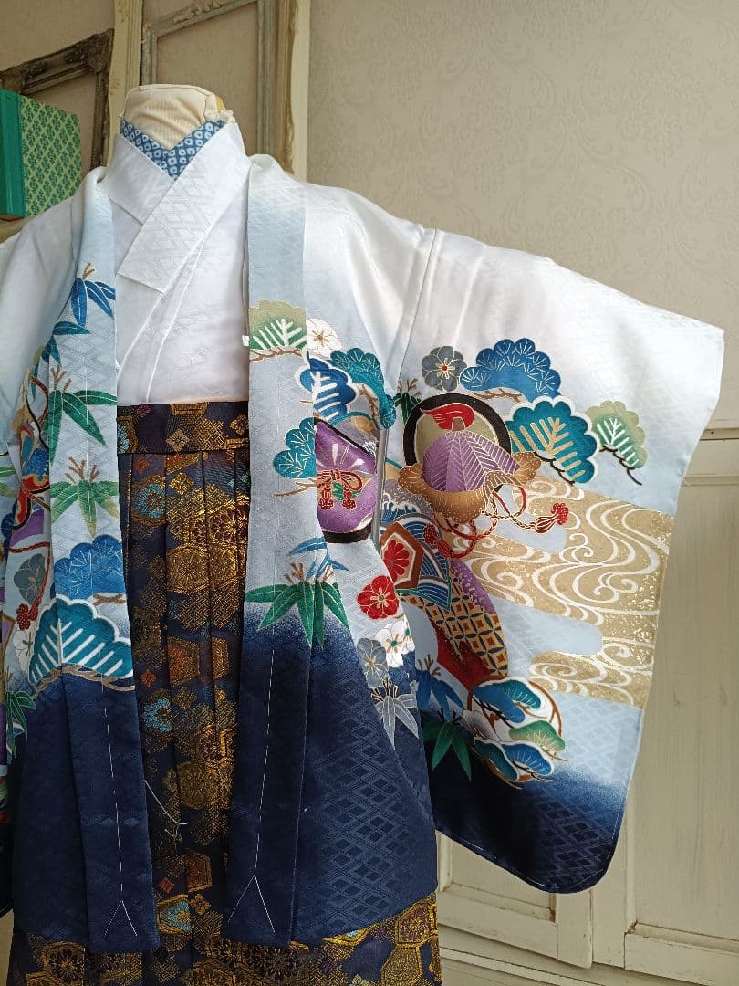 白地に鷹が格好良い☆七五三男の子５歳着物セット