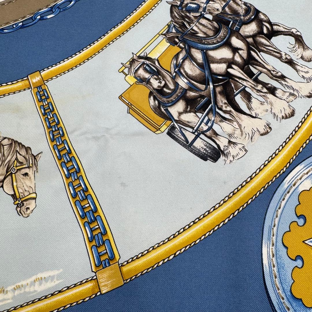 HERMES ブルー 馬モチーフ スカーフ　ブルー系　カレ90