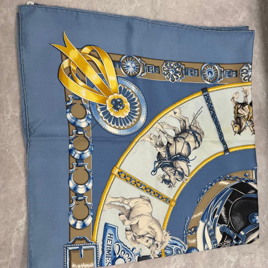 HERMES ブルー 馬モチーフ スカーフ　ブルー系　カレ90