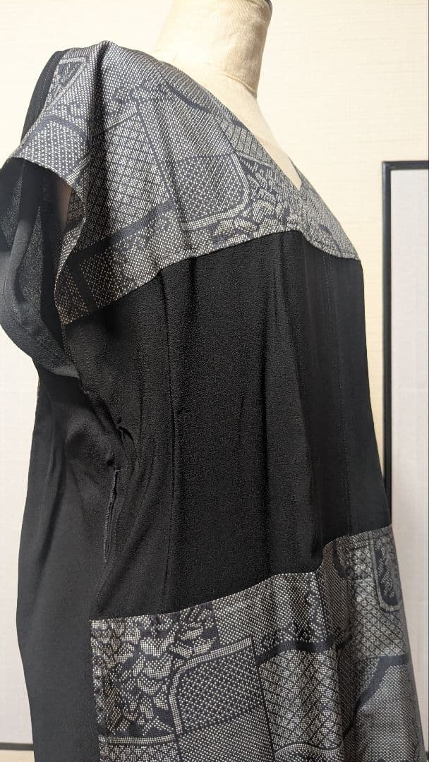 着物リメイク　大島紬✕黒正絹　ロングワンピース　チュニック