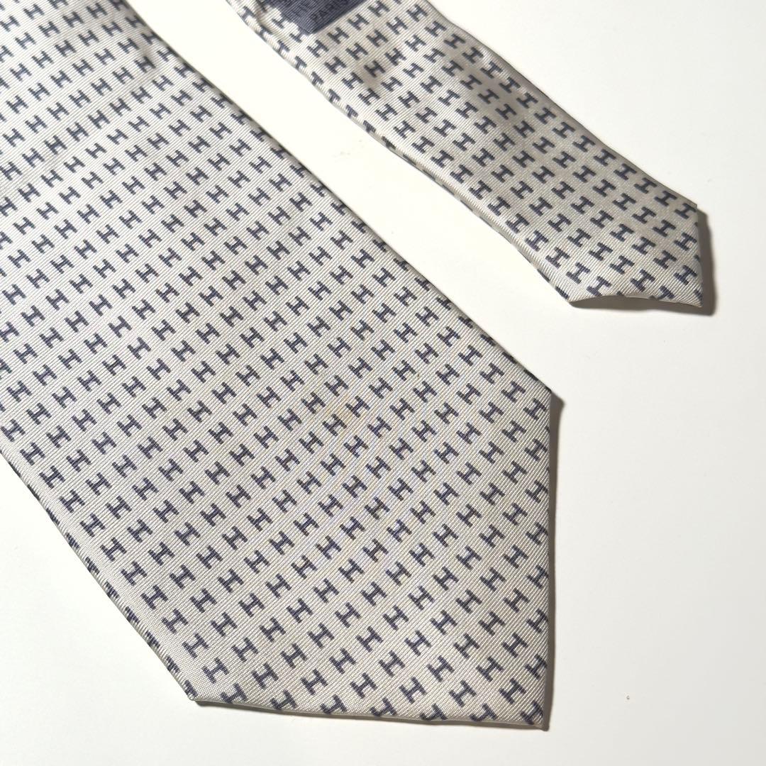 【美品】 HERMES エルメス H柄 ファソネ ホワイト系 ネクタイ
