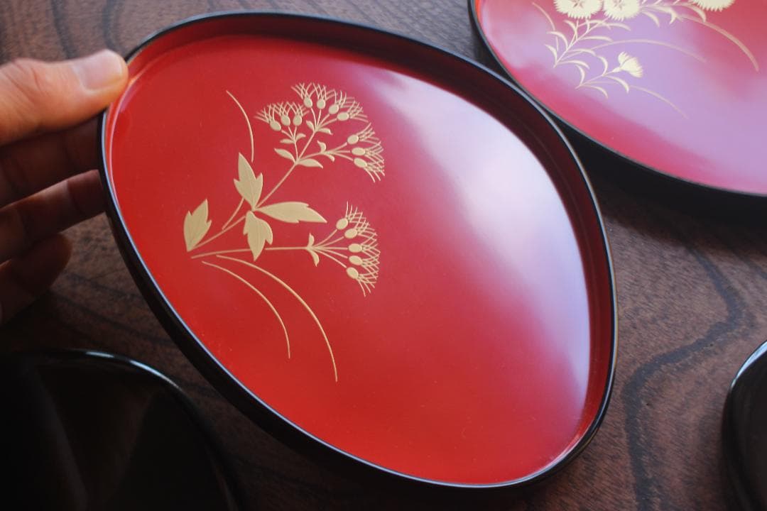 デッドストック！優美な秋草蒔絵の映える蛤形銘々皿5点（検輪島塗蒔絵皿小皿