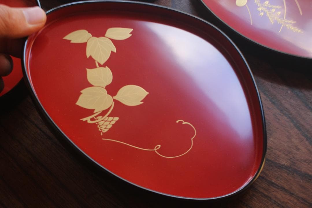 デッドストック！優美な秋草蒔絵の映える蛤形銘々皿5点（検輪島塗蒔絵皿小皿