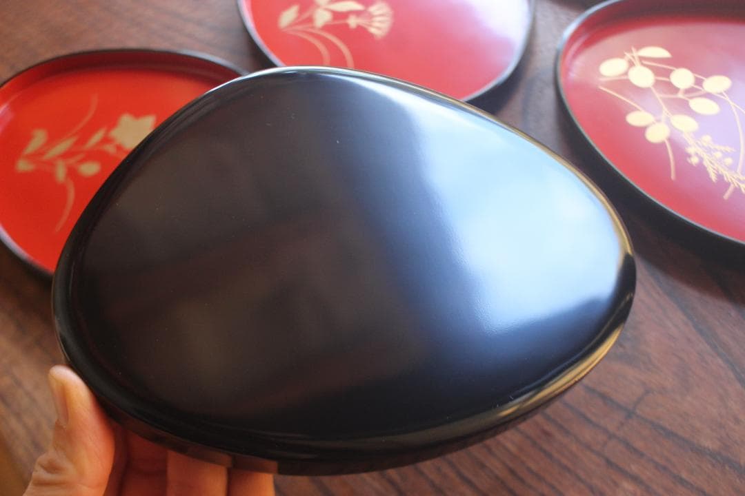 デッドストック！優美な秋草蒔絵の映える蛤形銘々皿5点（検輪島塗蒔絵皿小皿